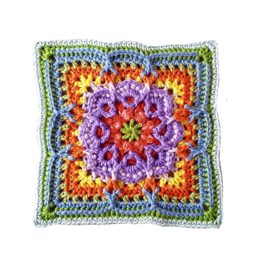 rotating colorful crocheted granny square